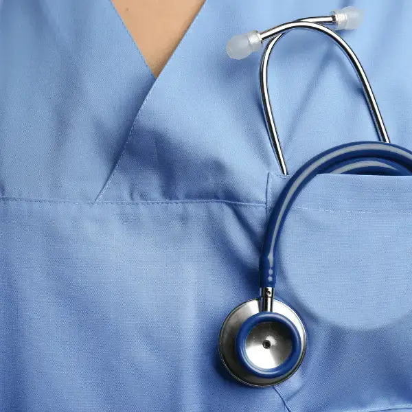 Close-up of a nurse in blue uniform with a stethoscope at Nazarenus Hospital Bulacan